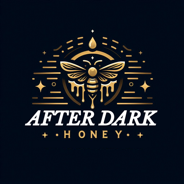 Logo of 'After Dark Honey' with a gold bee design on a black background